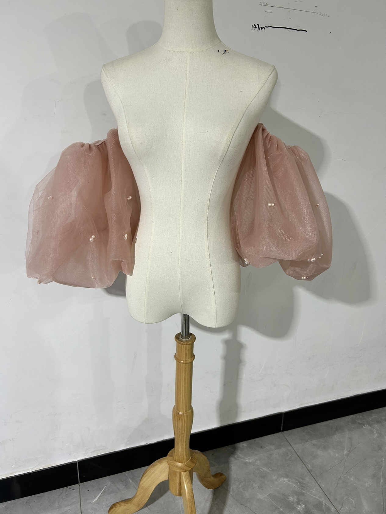 可愛い 取り外し袖 ピンク パフスリーブ ソフトチュール パール 花嫁