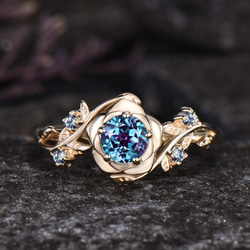 お値下げ！！指輪 ローズフラワーリングユニークな6月の誕生石アレキサンドライトリング