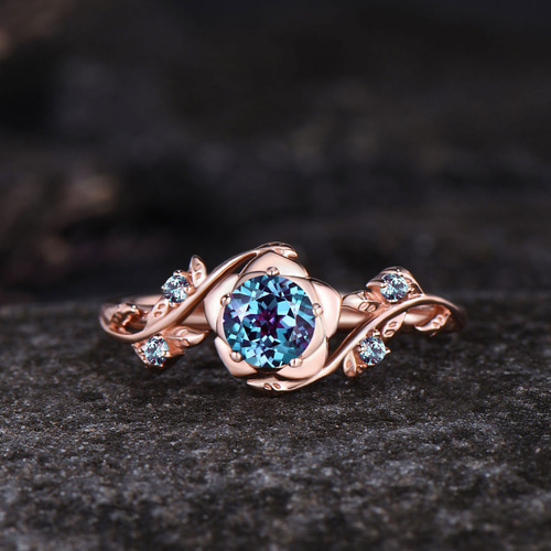 ローズフラワーリングユニークな6月の誕生石アレキサンドライトリング