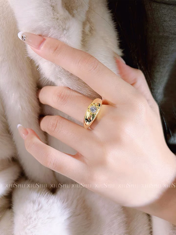 ヒマワリ ゴールド 高炭素ダイヤモンド キラキラ ゴージャス ワイドリング ラグジュアリー ホワイト 指輪 白 向日葵 3枚目の画像