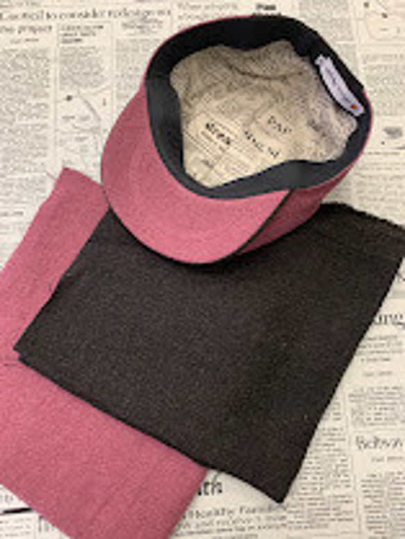 秋冬向け  ハンチング（チャコール＆ピンク） リネンウール 5枚目の画像