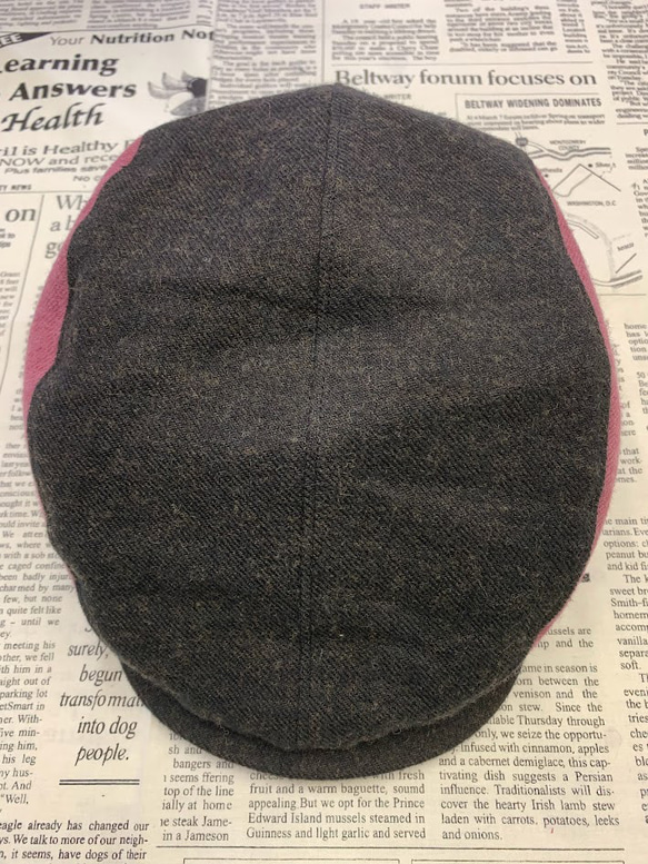 秋冬向け  ハンチング（チャコール＆ピンク） リネンウール 2枚目の画像