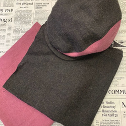 秋冬向け  ハンチング（チャコール＆ピンク） リネンウール 4枚目の画像