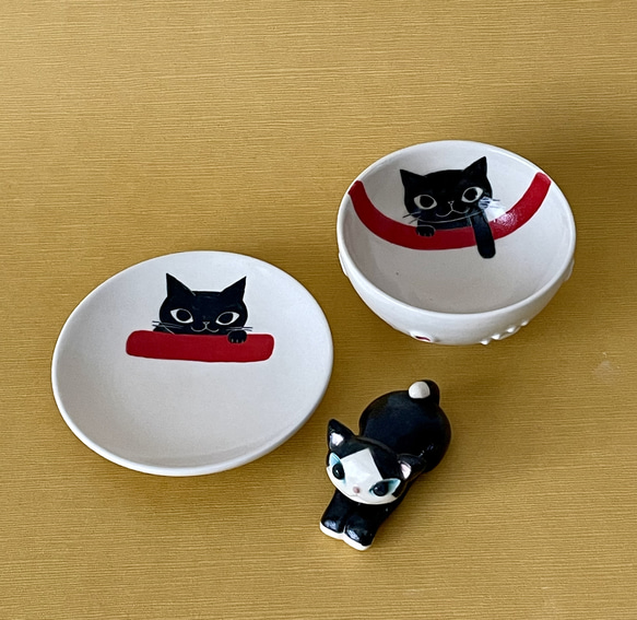 豆皿、ぐい呑みセット(黒猫、白黒ハチワレ猫)❤️新春福袋2024 1枚目の画像