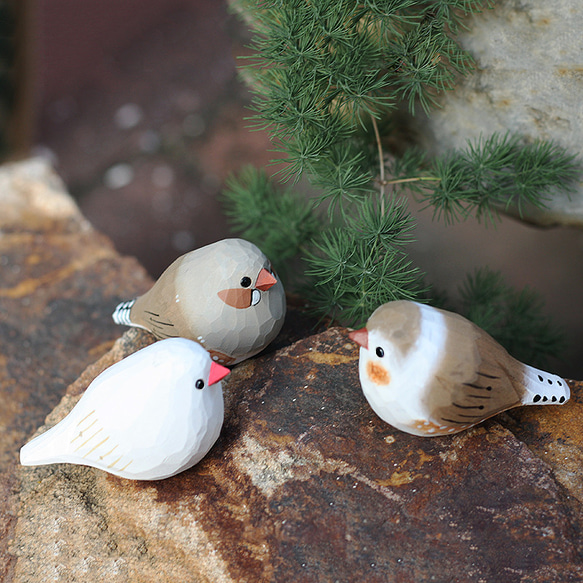 斑胸草雀の木彫り小鳥 — 純手作りの実木パールバードオブジェ 3つの色。 1枚目の画像