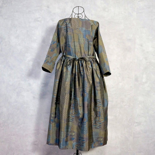 一点モノ】大島紬 着物リメイク ギャザー ワンピース & スヌード  