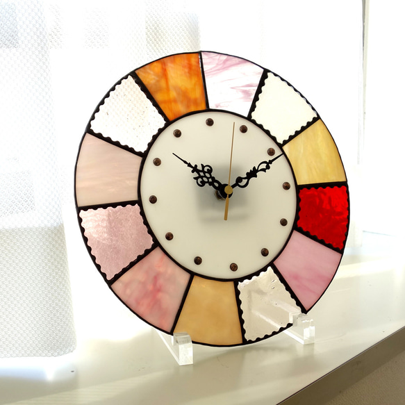 28㎝φ・ステンドグラスの時計（掛時計・置時計）クッキー＊ピンク系【新作2024】 7枚目の画像