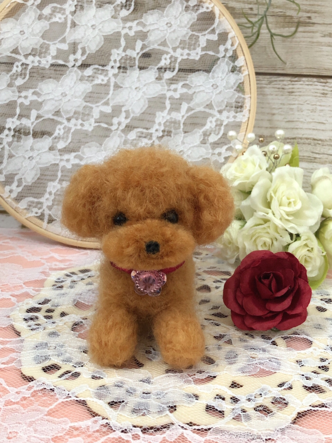 冬ギフト セ 羊毛フェルト　トイプーくまちゃん＋トイプーちゃん2点トピアリーガラスドーム フラワー・リース
