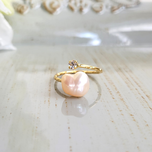 限定品】淡水パールの1粒リング ほんわり♡ハート 柔らかピンクの淡水 