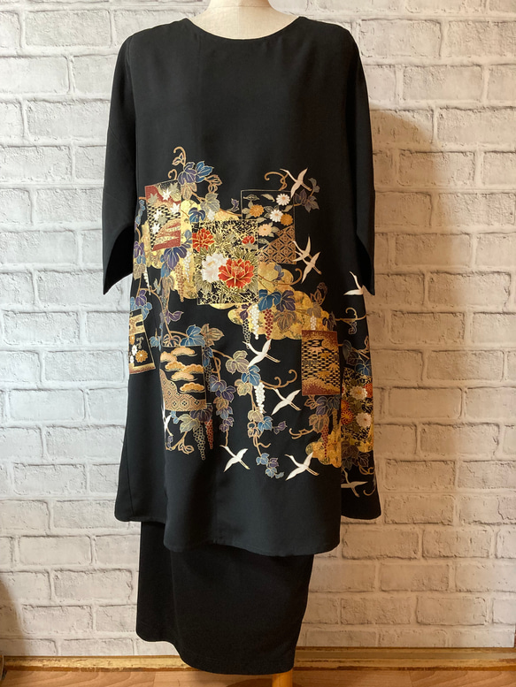 留袖リメイクワンピース❣️花 （着物リメイク 13号 ワンピース