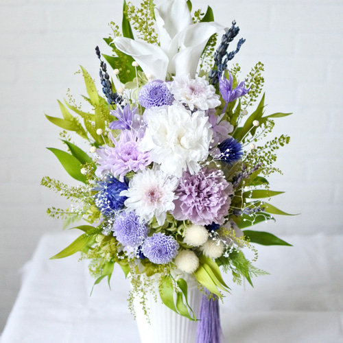 プリザーブドフラワーアレンジ　仏花　ラズベリー 仏花 プリザーブドフラワーアレンジメント 紫とラズベリー 花器