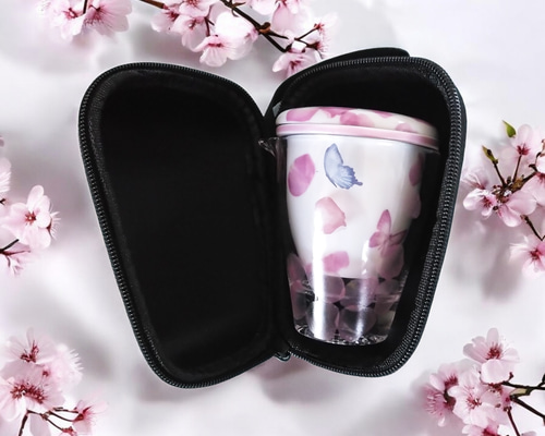 ローズペタルとバタフライの旅行用中国茶器セット 職場・お花見や旅行