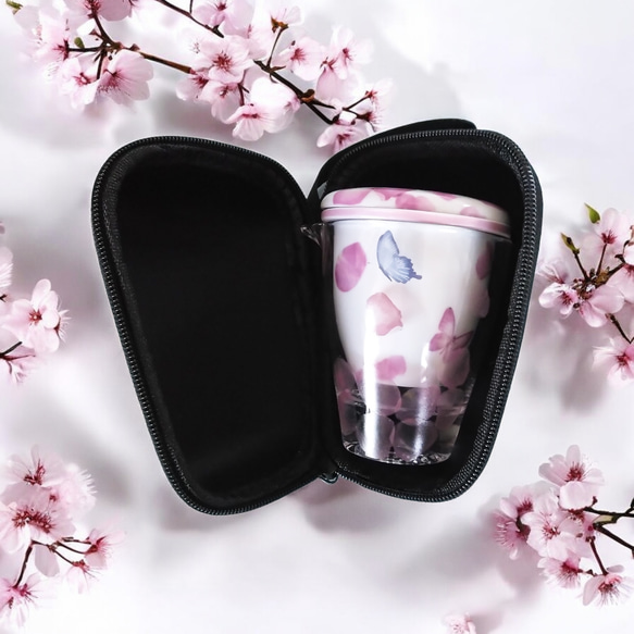 ローズペタルとバタフライの旅行用中国茶器セット 職場・お花見や旅行