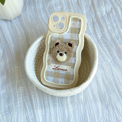 くまの刺繍スマホケース＊テディベア＊ギンガムチェック＊茶色