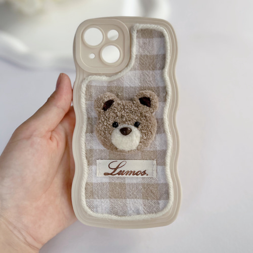 くまの刺繍スマホケース*テディベア*ギンガムチェック*茶色 くまの刺繍スマホケース*テディベア*ギンガムチェック*茶色