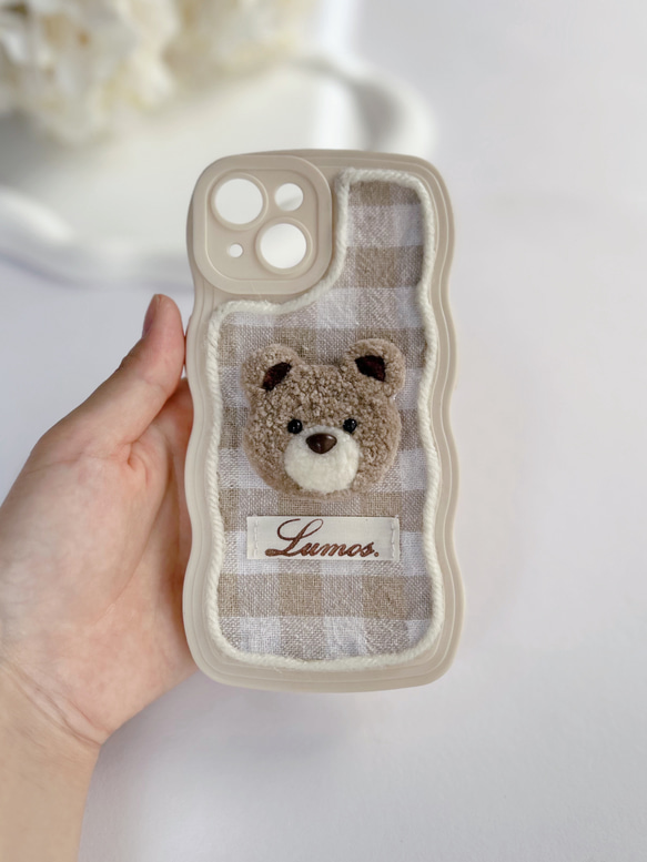 くまの刺繍スマホケース＊テディベア＊ギンガムチェック＊茶色