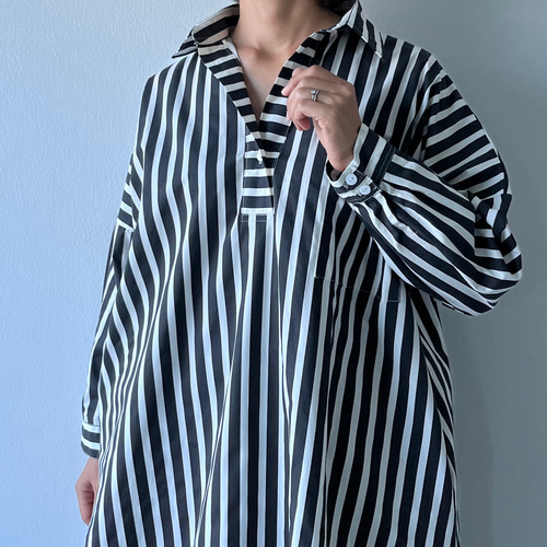かっこいいシャツワンピース 長袖 ストライプ 黒×白 ワンピース
