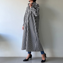 かっこいいシャツワンピース 長袖 ストライプ 黒×白 ワンピース