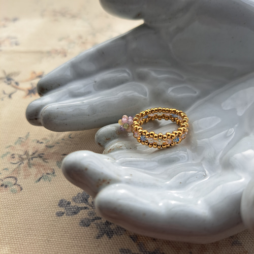 きなこ姫　e.m ジルコニア ＆パール　2つのモチーフ　リング　美品 凛と咲く!蓮の花•リング【スターリングシルバー製/キュービック