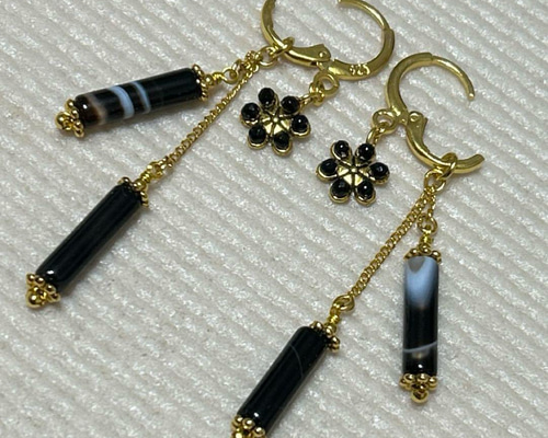 8月誕生石ブラックオニキスフラワー2way925svフープピアスステック