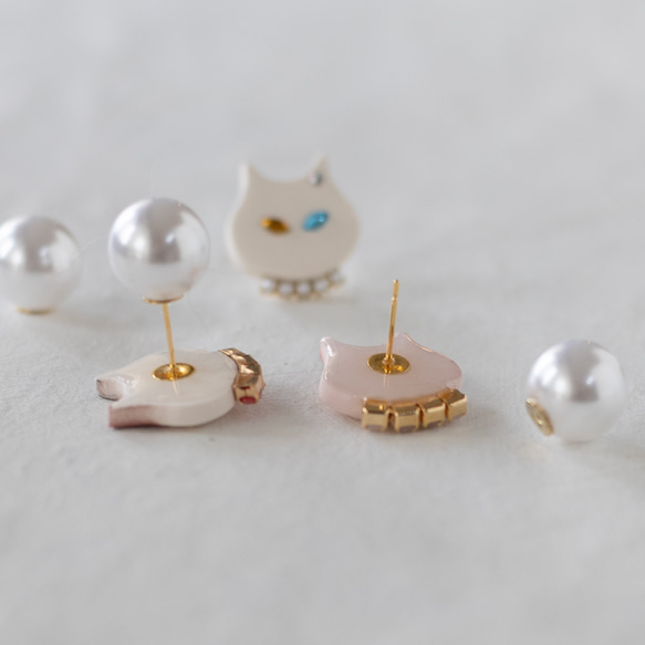 【限定】貓咪的選擇 珍珠 軟陶耳環 / 耳針 / 耳夾 第4張的照片