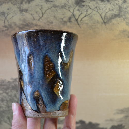 再入荷！】フリーカップ(コスモブルー) 掛け流し ビアカップ 陶器 ☆萩