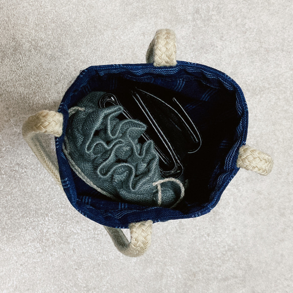 みいと織（松阪もめん） 綿100% 天然藍染 ミニトートバッグ  color : ストライプ・チェック【サンプル価格】 7枚目の画像