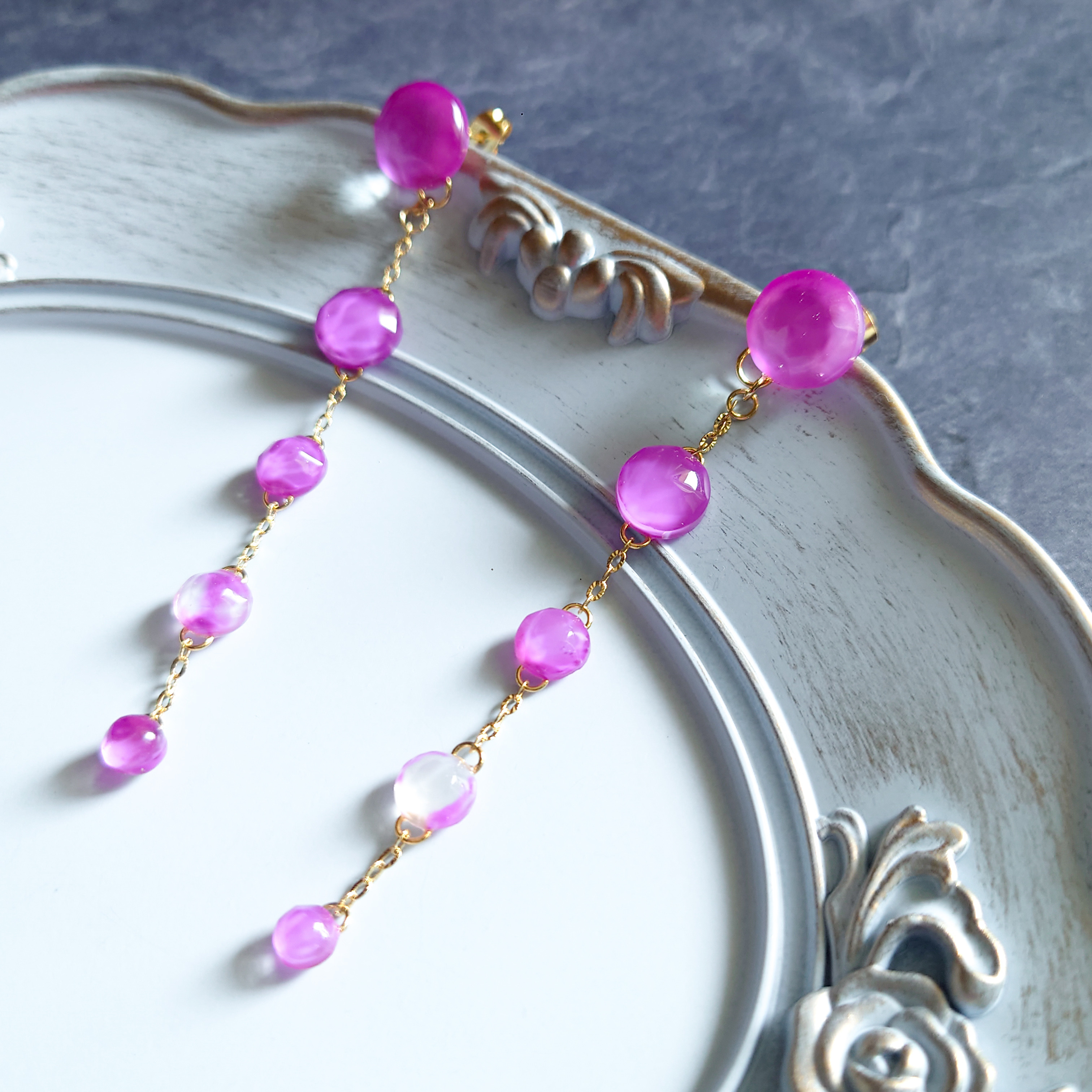 透け感　秋色　ピンクパープル　ロングピアス