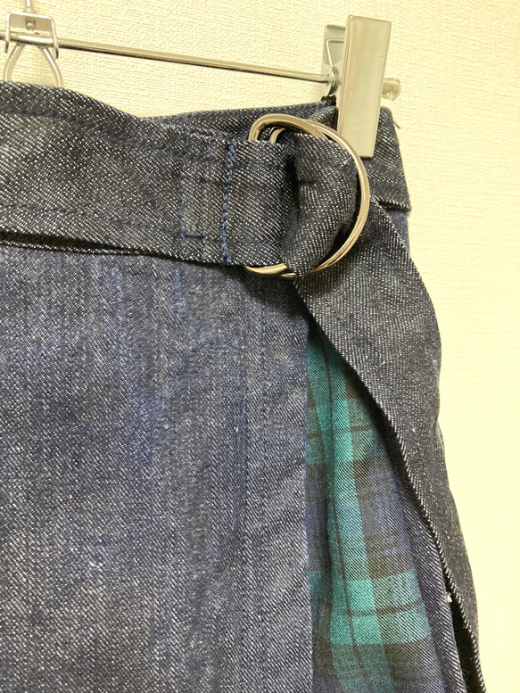 即納　岡山デニム　国産デニム　デニム　スカート　巻きスカート　ラップスカート  ブラックウォッチ　デニムスカート　　 3枚目の画像