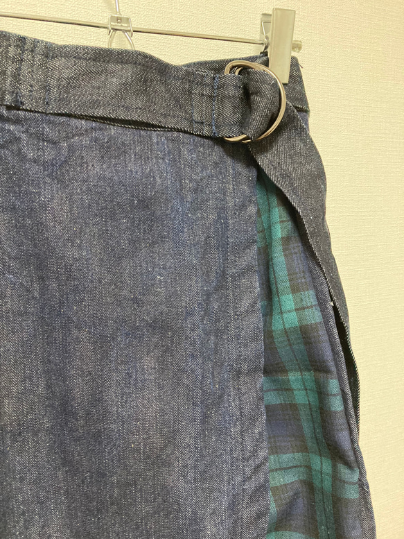 即納　岡山デニム　国産デニム　デニム　スカート　巻きスカート　ラップスカート  ブラックウォッチ　デニムスカート　　 2枚目の画像
