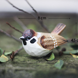 麻雀木彫り小鳥 — 家雀。手作りの実木オーナメント。小ぽっちゃりな鳥。 10枚目の画像