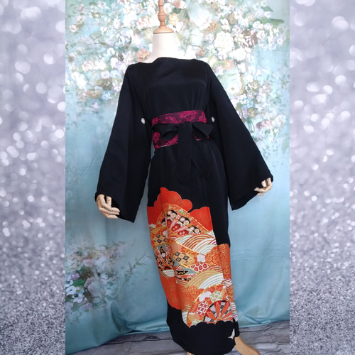 ワケあり☆3L◇着物リメイク マキシ丈ドレス サッシュベルト付 黒留袖