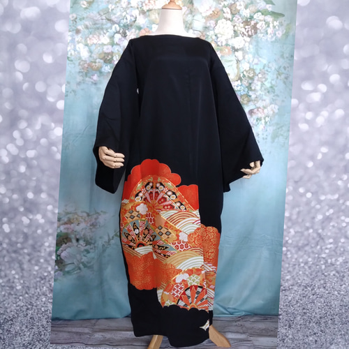 ワケあり☆3L◇着物リメイク マキシ丈ドレス サッシュベルト付 黒留袖