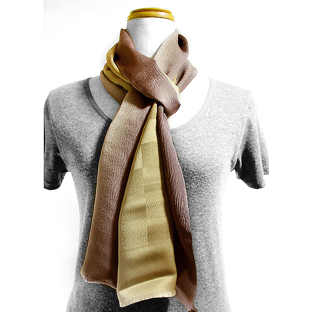 シルクストール&帯揚げ（縦ボカシ染）（片側市松模様織）（金茶色　赤紫色）