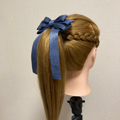 240105 エレガントリボンのポニーフック くすみブルー ポニーフック