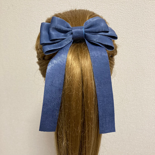 240105 エレガントリボンのポニーフック くすみブルー ポニーフック