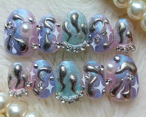 ［04］ネイルチップ ぷっくりネイル ミラーネイル 癖ネイル 個性派 オーダー 85 個性的ネイル/ぷっくりネイル/ワンカラーネイル/奥行きネイル