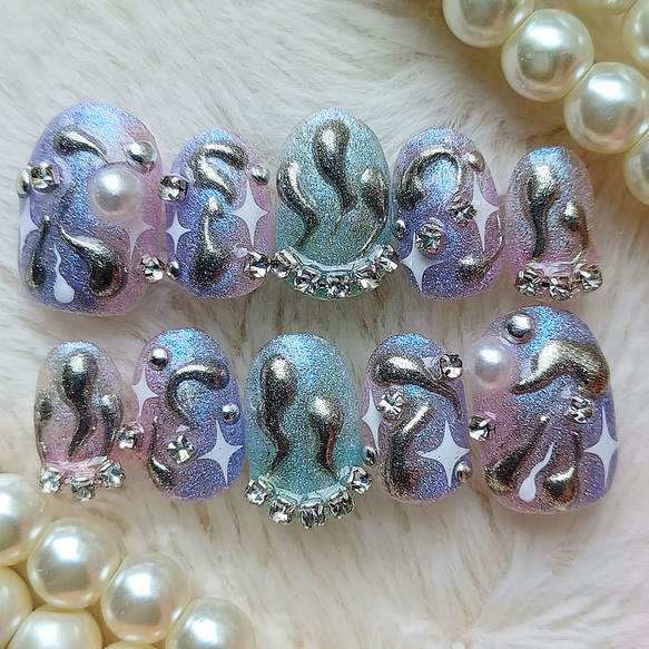 受注製作】派手宇宙 ぷっくり ミラー 個性派 ネイルチップ No.100  