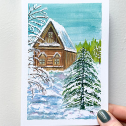 冬の景色のポストカード，冬の絵，雪の絵，雪のポストカード，クリスマスポストカード 2枚目の画像
