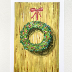 クリスマスリースのポストカード，クリスマスリースの絵，冬の景色，雪のポストカード，クリスマスポストカード 1枚目の画像