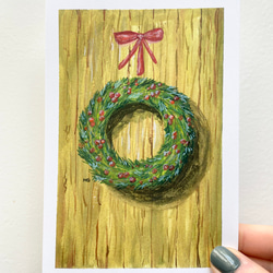 クリスマスリースのポストカード，クリスマスリースの絵，冬の景色，雪のポストカード，クリスマスポストカード 2枚目の画像