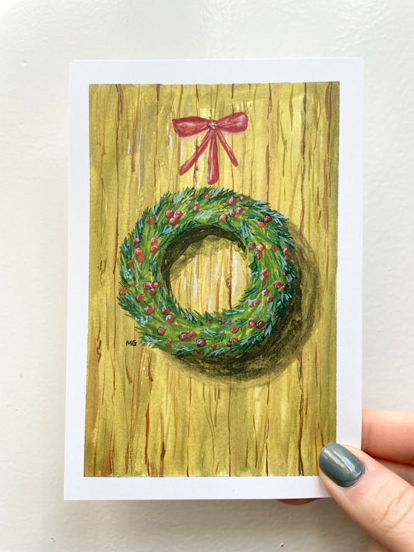クリスマスリースのポストカード，クリスマスリースの絵，冬の景色，雪のポストカード，クリスマスポストカード 2枚目の画像