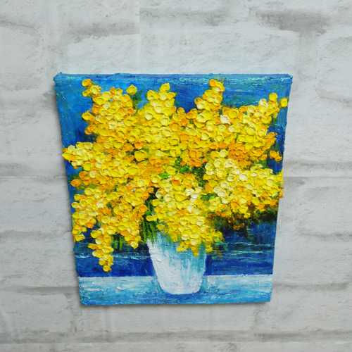 油絵 油彩 油彩画 絵 絵画 【青い背景のミモザ】 絵画 HR 通販
