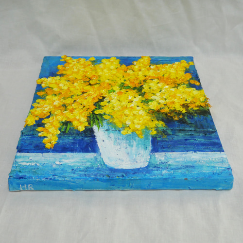 油絵 油彩 油彩画 絵 絵画 【青い背景のミモザ】 - メルカリ