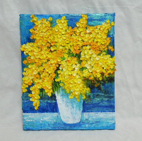 油絵 油彩 油彩画 絵 絵画 【ミモザと青い満月】 油絵 油彩 油彩画 絵 絵画 【ミモザと青い満月】