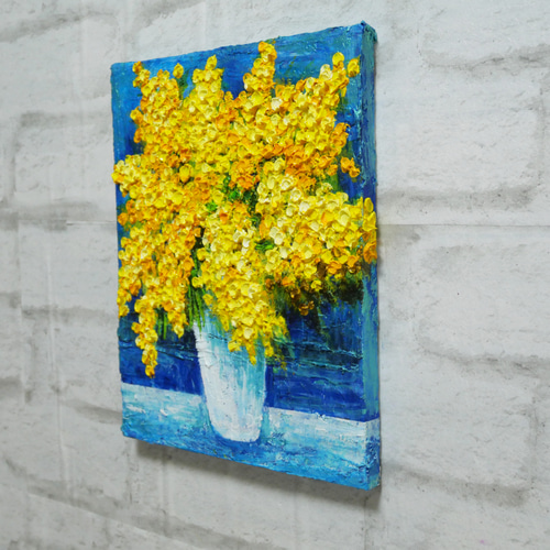 油絵 油彩 油彩画 絵 絵画 【青い背景のミモザ】 絵画 HR 通販