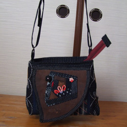 ハンドメイド・古布型染・絣 着物リメイク 蓋付きショルダーバック