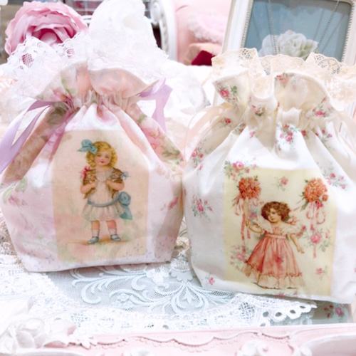 ヴィクトリアン 女の子 コロンと可愛い巾着ポーチ YUWA 白 ピンク 薔薇  