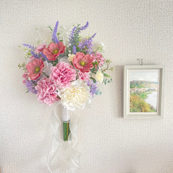 【オーダーメイド】ピンクのアネモネとダリアのナチュラル クラッチ ブーケ ( 造花　ウェディング　結婚式　前撮り　フォト 5枚目の画像