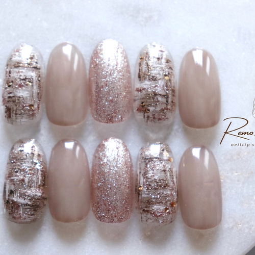 上品ブラウンツイードネイルチップ ウエディングブライダル*おでかけ